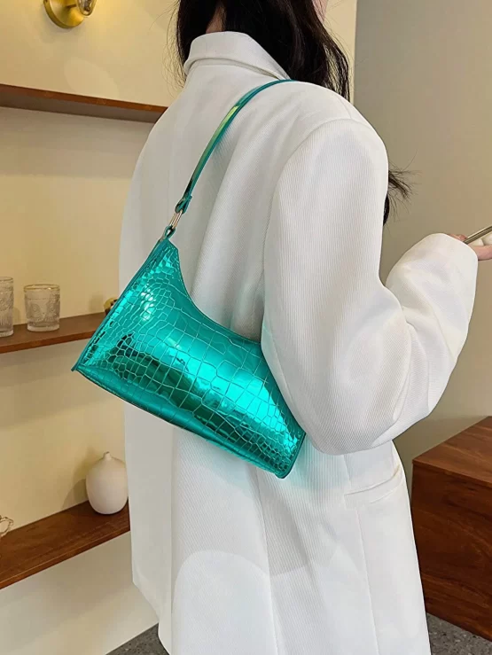 Crocodile Embossed Baguette Bag Metallic Funky Top Handle