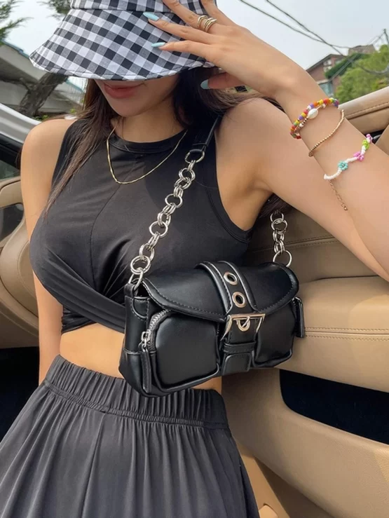 Eyelet Buckle Chain Decor Flap Baguette Bag
