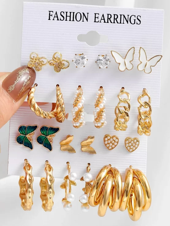 Twelve Pairs Random Faux Pearls Butterfly Decor Earrings
