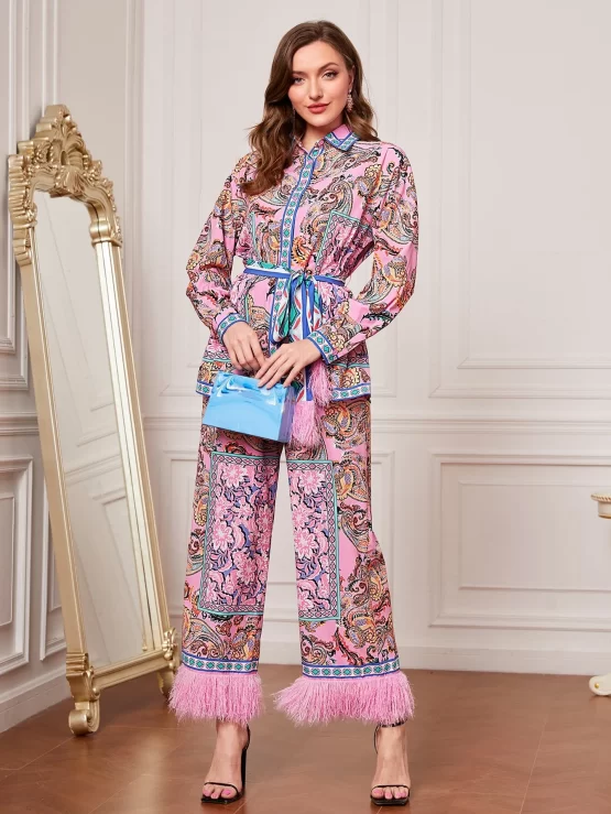 Modely Paisley Print Floral Belted Shirt & Fuzzy Trim Wide Leg Pants