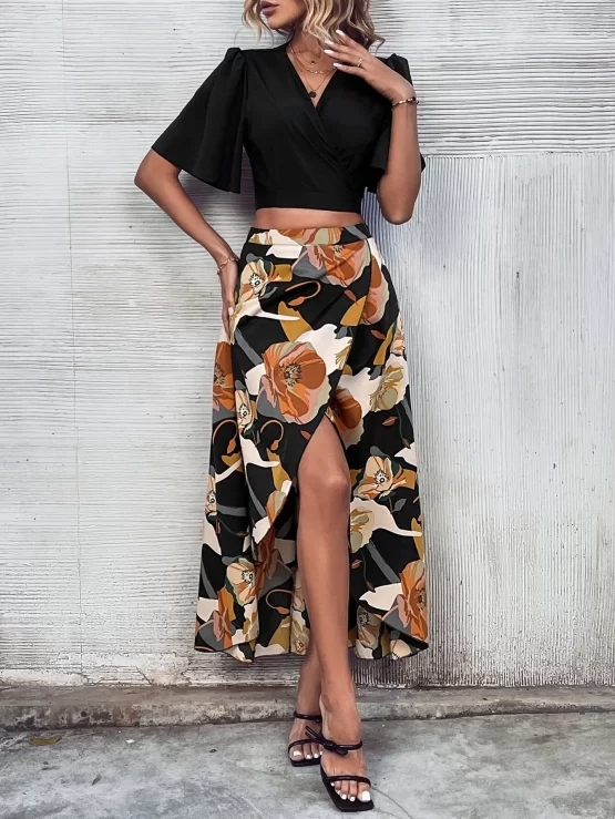 Surplice Neck Butterfly Sleeve Crop Top & Floral Print Wrap Skirt