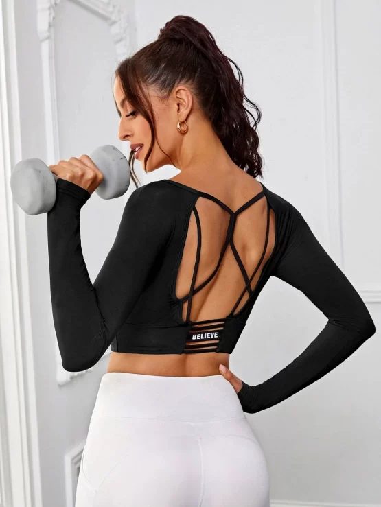 Letter Graphic Cut Out Back Crop Sports Tee