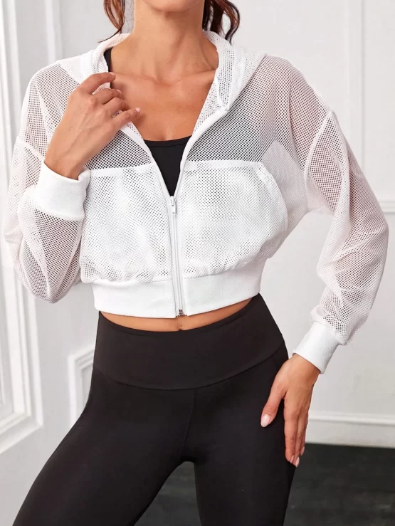 Hollow Out Pocket Hooded Crop Sports Jacket
