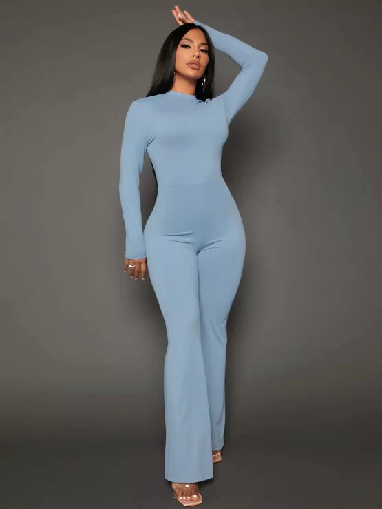 Solid Twist Backless Flare Leg Jumpsuit