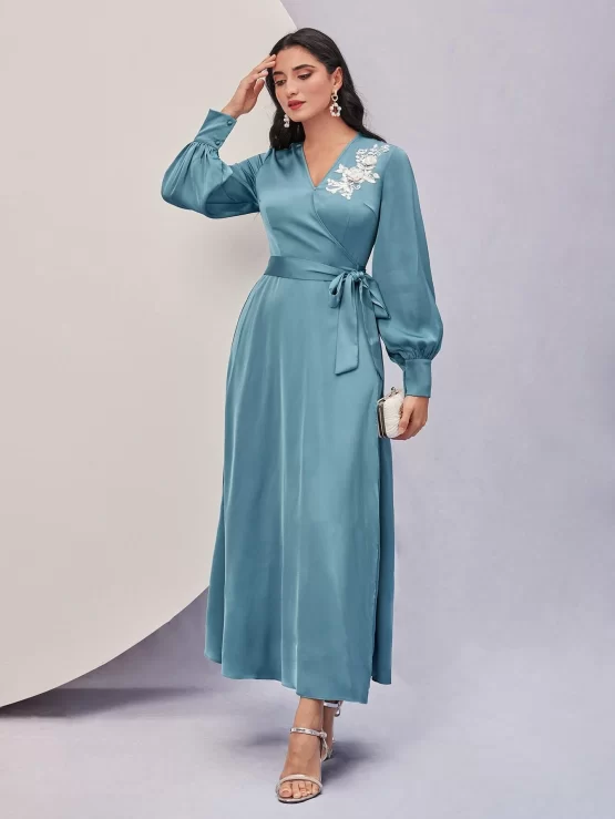 Modely Appliques Lantern Sleeve Belted Dress