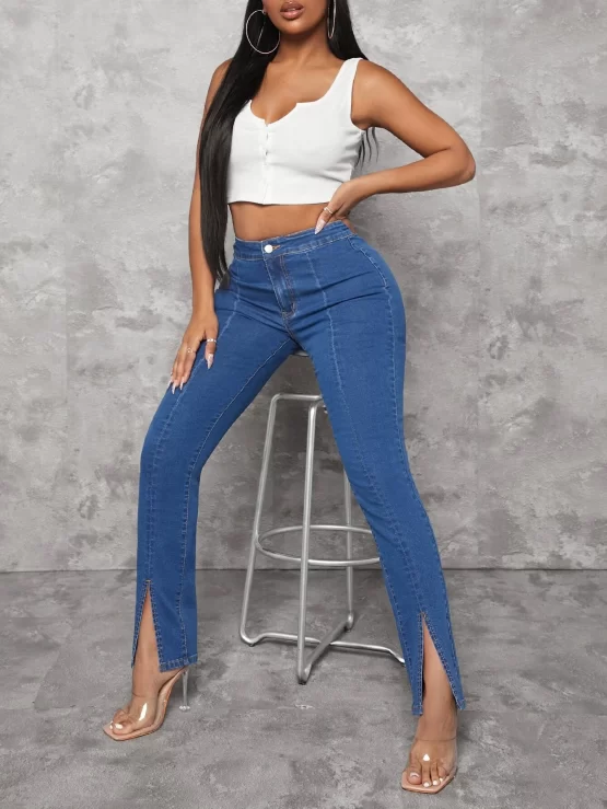 Button Split Zipper Fly Hem Skinny Jeans