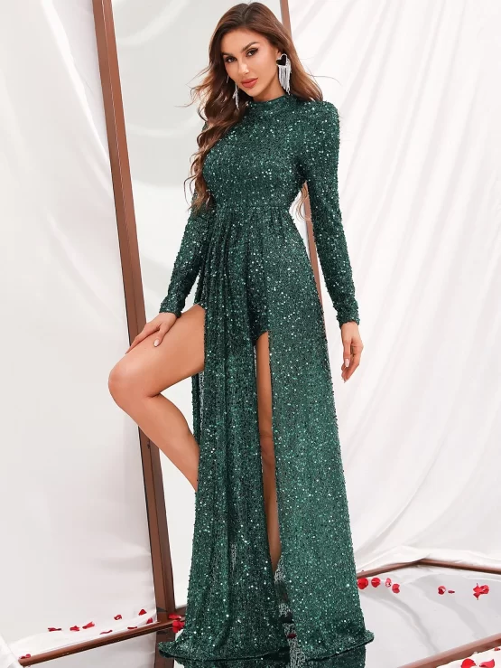 Mock Split Sequin Neck Romper With Skirt