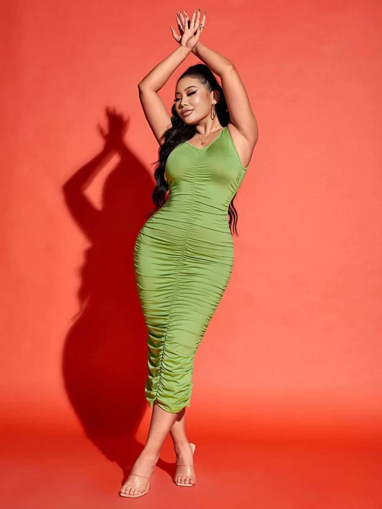 Solid Ruched Split Tank Back Bodycon Dress