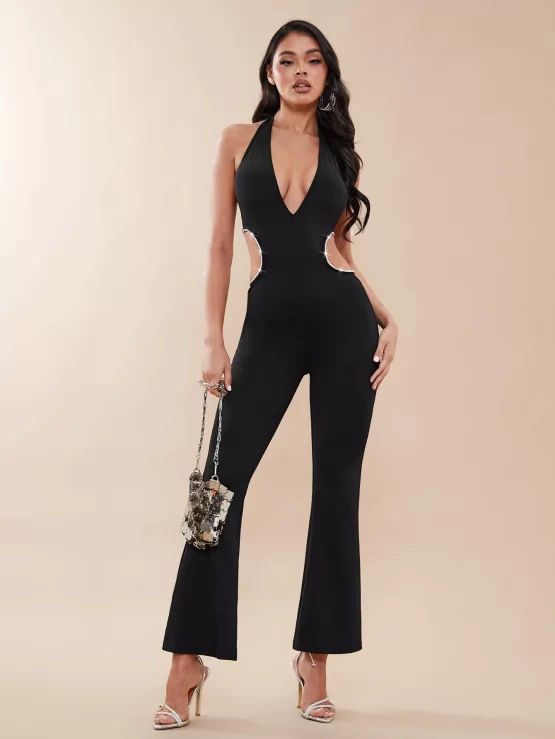 BAE Cut Out Waist Backless Halter Flare Leg Jumpsuit