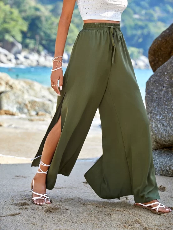 Split Thigh Drawstring Waist Wide Leg Pants
