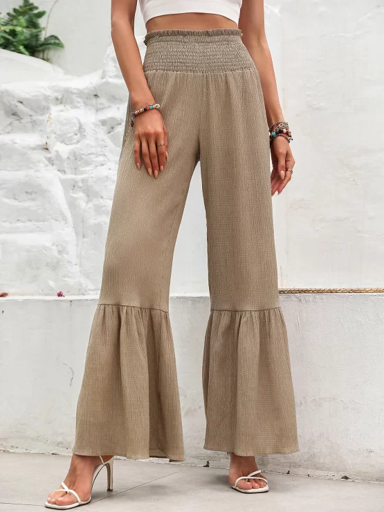 Shirred Waist Flare Leg Ruffle Hem Pants