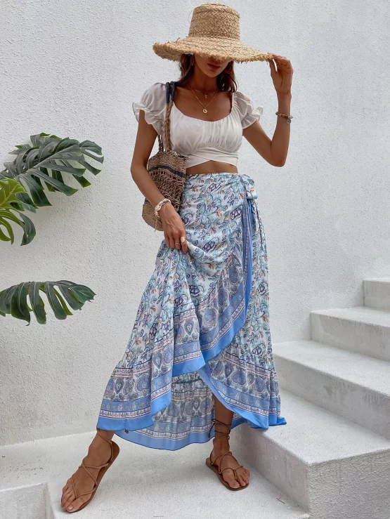Floral Print Ruffle Trim Knot Side Wrap Skirt