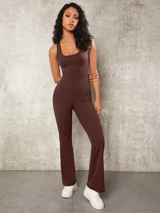 Solid Scoop Neck Flare Leg Sports Jumpsuit