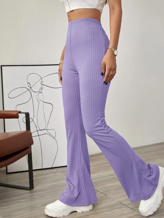 EZwear Solid Ribbed Knit Flared Leg Pants