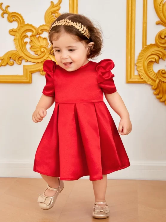 Baby Ruffle Trim Puff Fold Pleated Detail Sleeve Dress