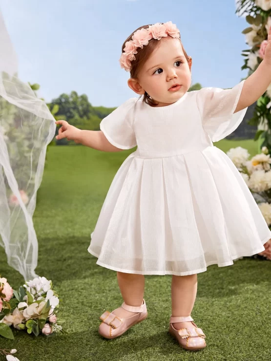 Baby Solid Butterfly Organza Overlay Sleeve Dress