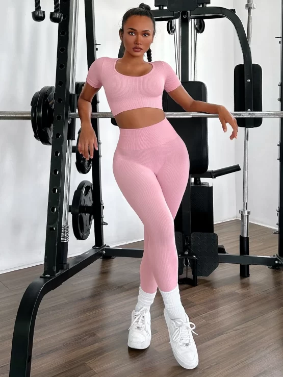 Seamless High Stretch Solid Crop Tee & Wide Waistband Leggings Sports Set