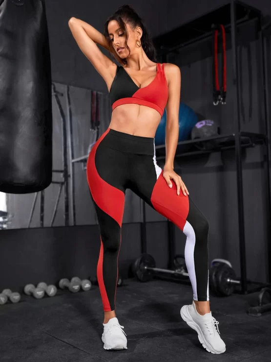 Color Block V Neck Cut Out Back Sports Set