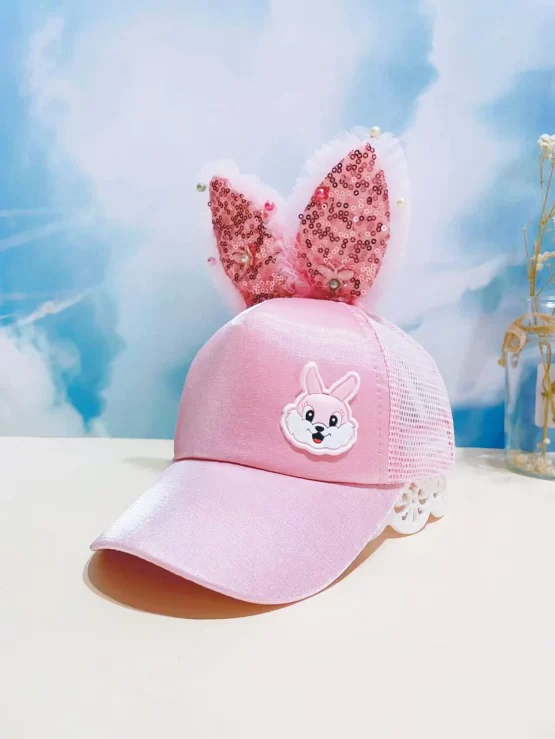 Toddler Girls Rabbit Ear & Faux Pearl Breathable Trucker Decor Hat