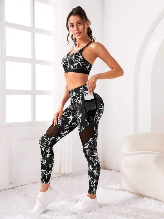 Plants Print Mesh Insert Wideband Waist Sports Set With Phone Pocket