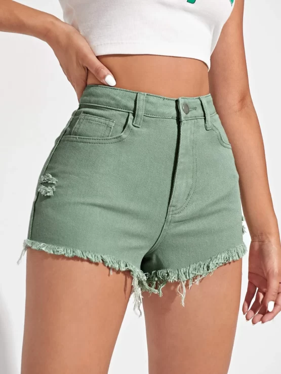 Raw Hem Button Pocket Ripped Denim Shorts