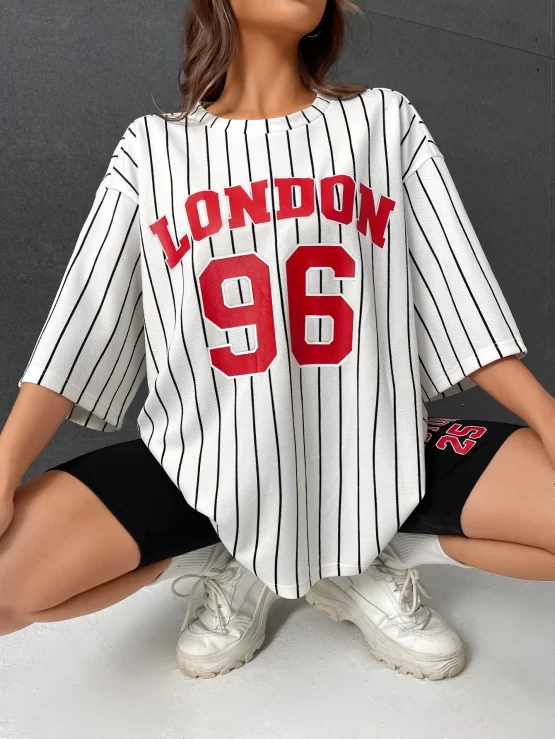 EZwear Striped Letter Graphic Drop Shoulder Tee