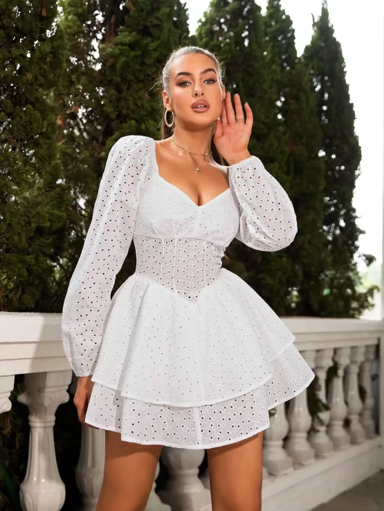 D&M Sweetheart Neck Lantern Sleeve Two Layer Schiffy Hem Dress