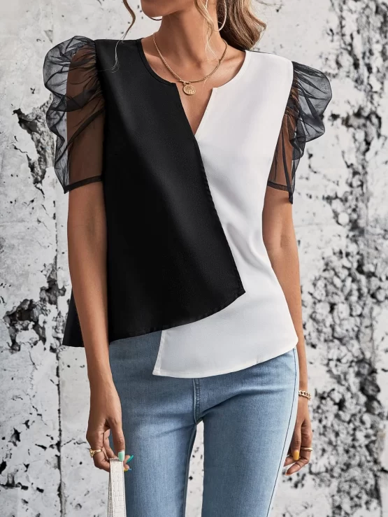 EMERY ROSE Two Tone Mesh Puff Asymmetrical Hem Sleeve Blouse