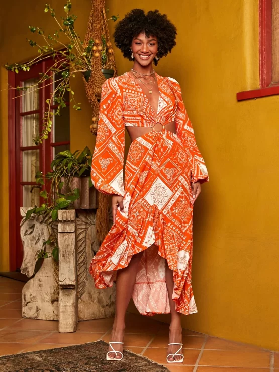 Floral Scarf Print Lantern Sleeve High Low Hem Dress