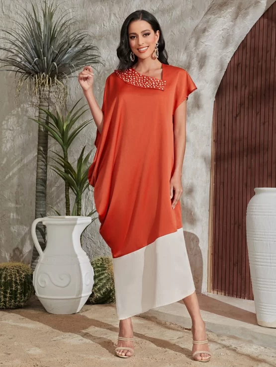Najma Pearls Beaded Batwing Sleeve Color Block Asymmetrical Neck Dress