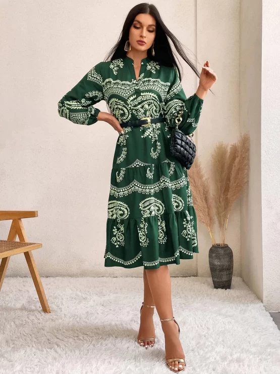 Floral Print Lantern Sleeve Layered Hem Smock Dress Without Belt