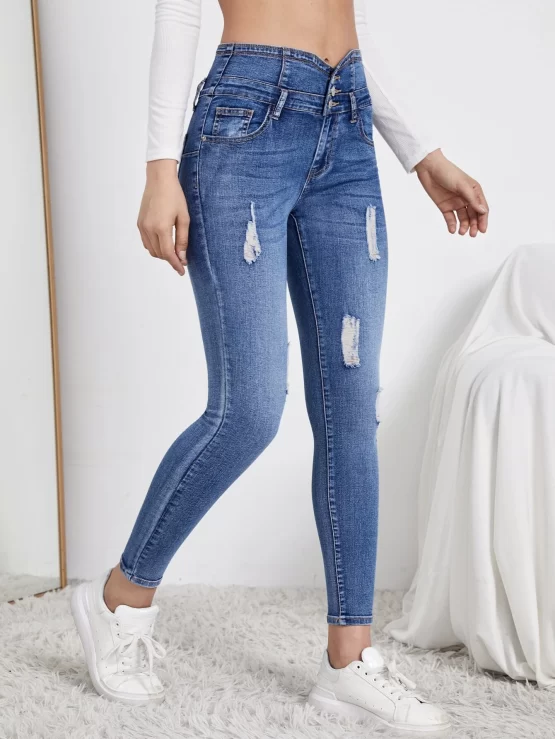 Button Fly Front Pocket Ripped Skinny Jeans