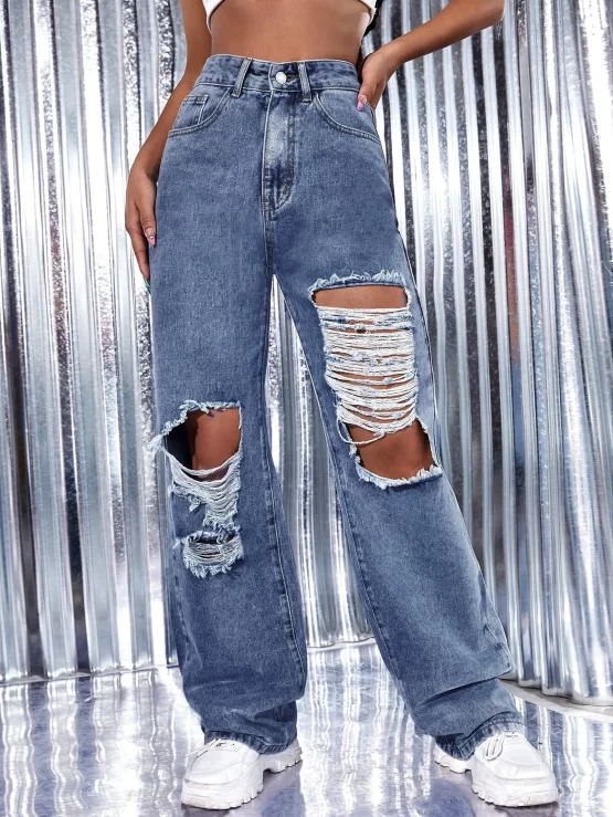 High Waist Ripped Zipper Wide Leg Jeans