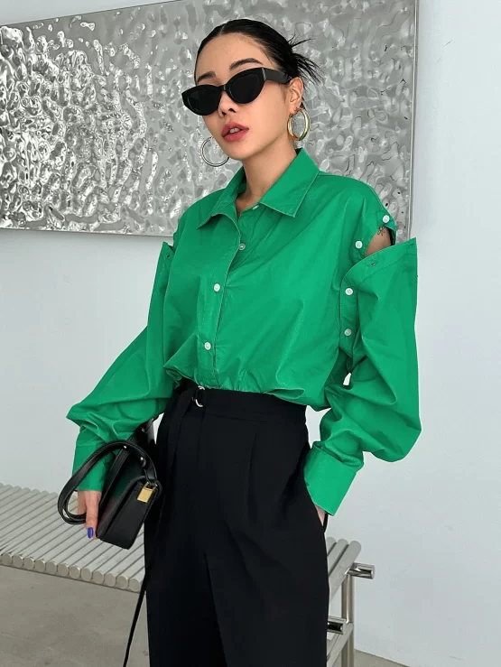 DAZY Solid Button Front Detachable Sleeve Drop Shoulder Shirt