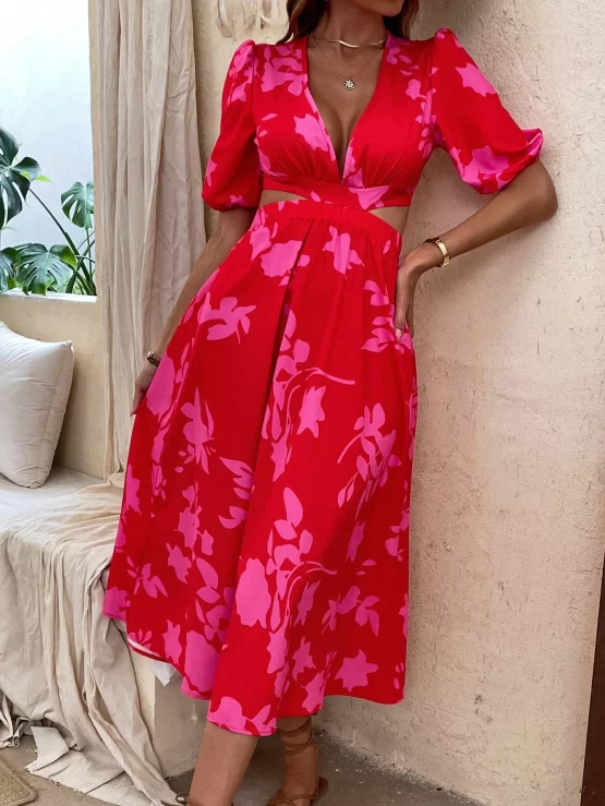 Floral Print Puff Sleeve Cut Out Tie Back Dress