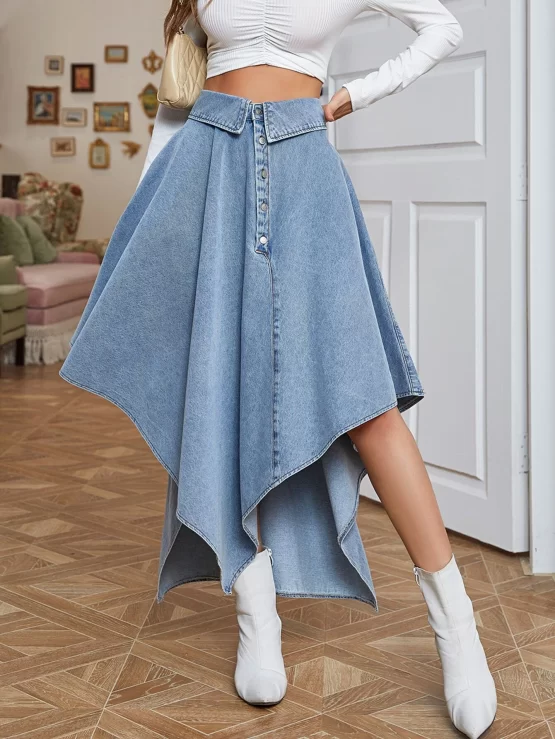 Flipped Waist Button Front Asymmetrical Hem Denim Skirt