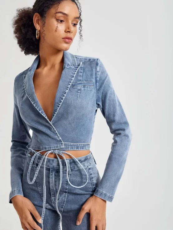 Amanda Daum Caballero Lapel Neck Wrap Knot Front Crop Denim Jacket