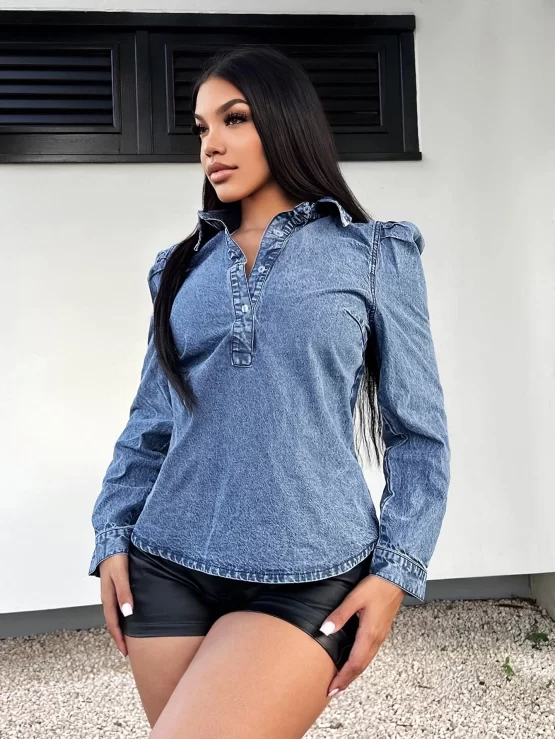 Puff Sleeve Collar Half Button Denim Top