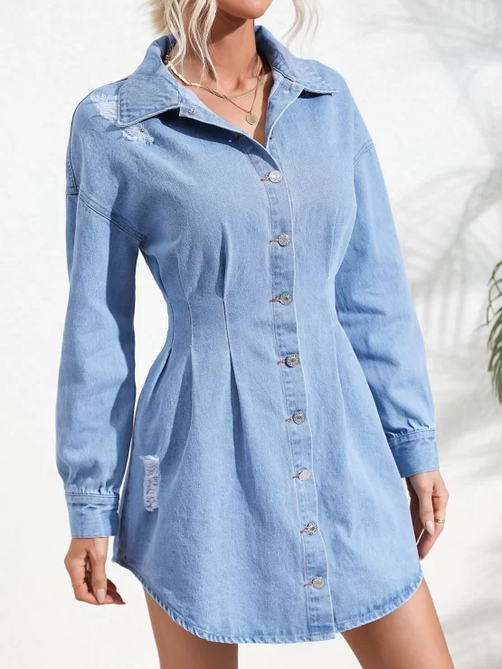 Ripped Button Fold Pleated Denim Front Dress
