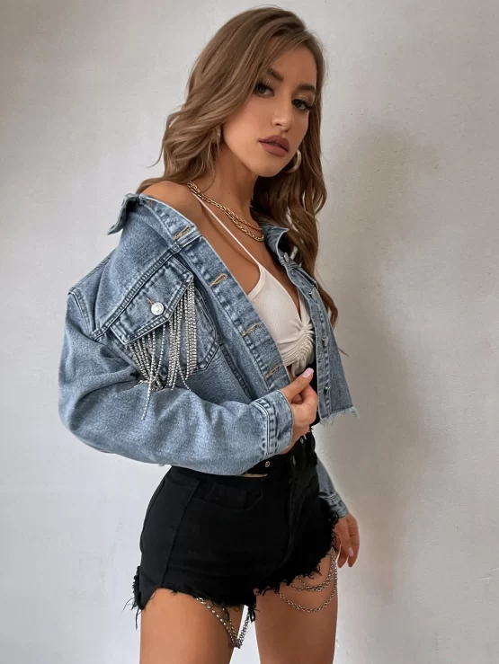 Drop Shoulder Rhinestone Fringe Trim Raw Cut Crop Denim Jacket