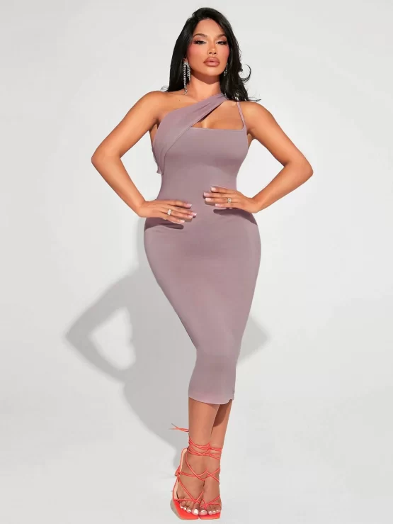 One Shoulder Asymmetrical Neck Bodycon Dress