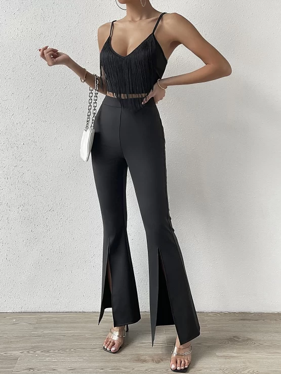 Fringe Trim Cami Top & Split Hem Flare Leg Pants
