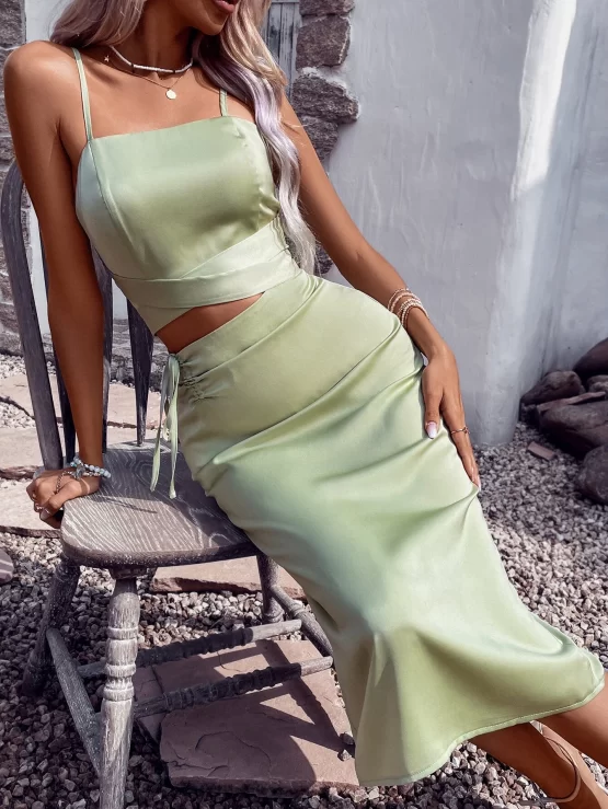 Solid Shirred Tie Back Cami Top & Drawstring Skirt