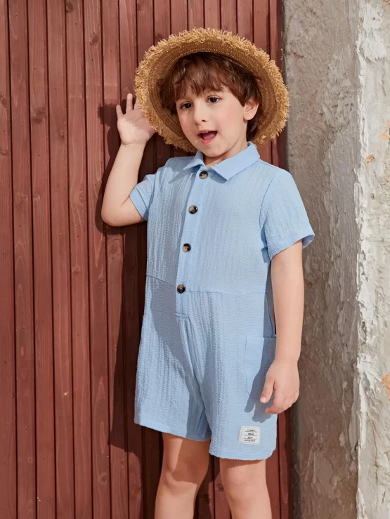 Toddler Boys Letter Patched Detail Shirt Button Romper