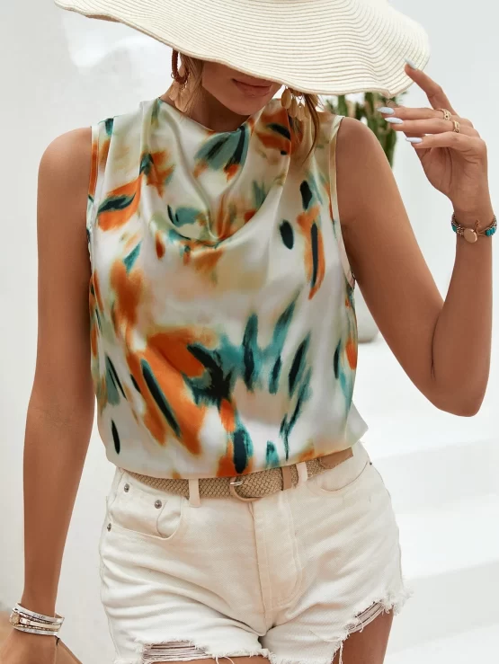 EMERY ROSE Tie Dye Draped Collar Detail Blouse