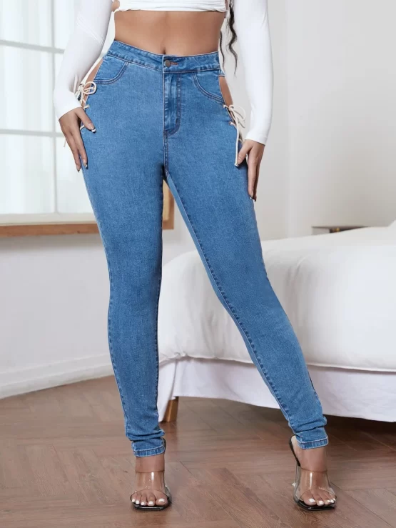 Cut-out Curvy Lace Up Knot Skinny Jeans - Image 2