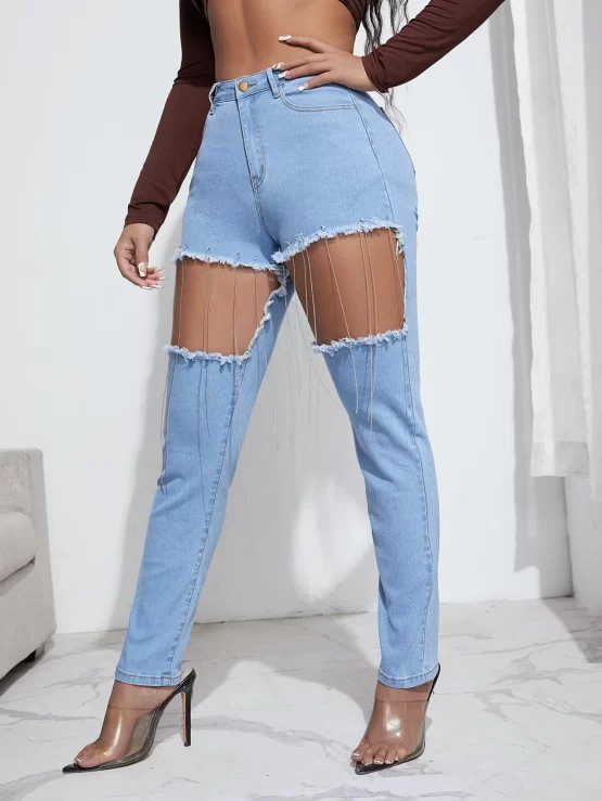 High Stretch Cut Out Fringe Detail Skinny Jeans - Image 3