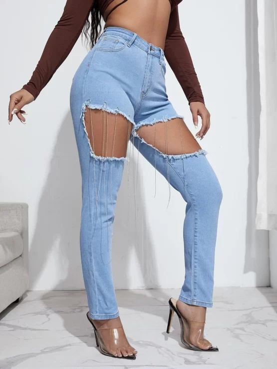High Stretch Cut Out Fringe Detail Skinny Jeans - Image 2
