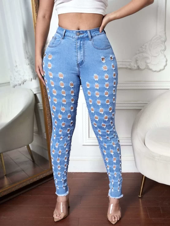 Ripped Zipper Fly Raw Hem Skinny Jeans - Image 3