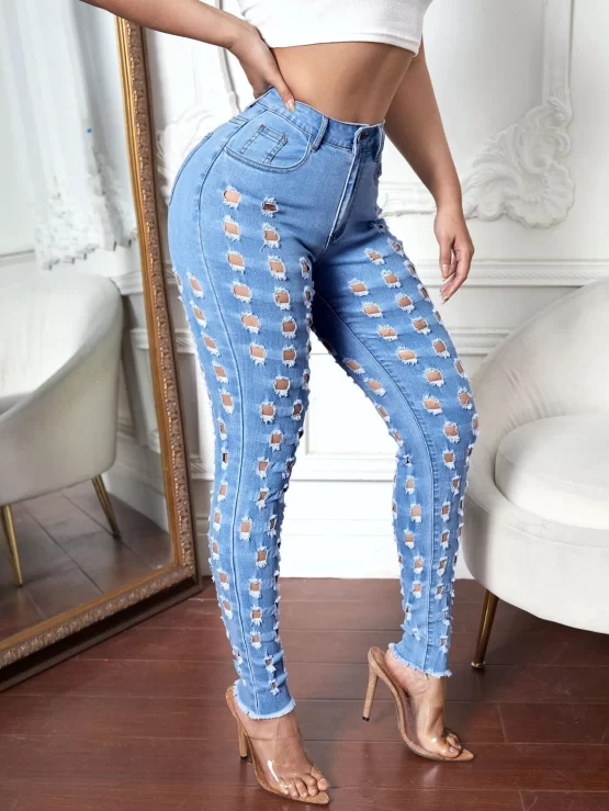 Ripped Zipper Fly Raw Hem Skinny Jeans - Image 2